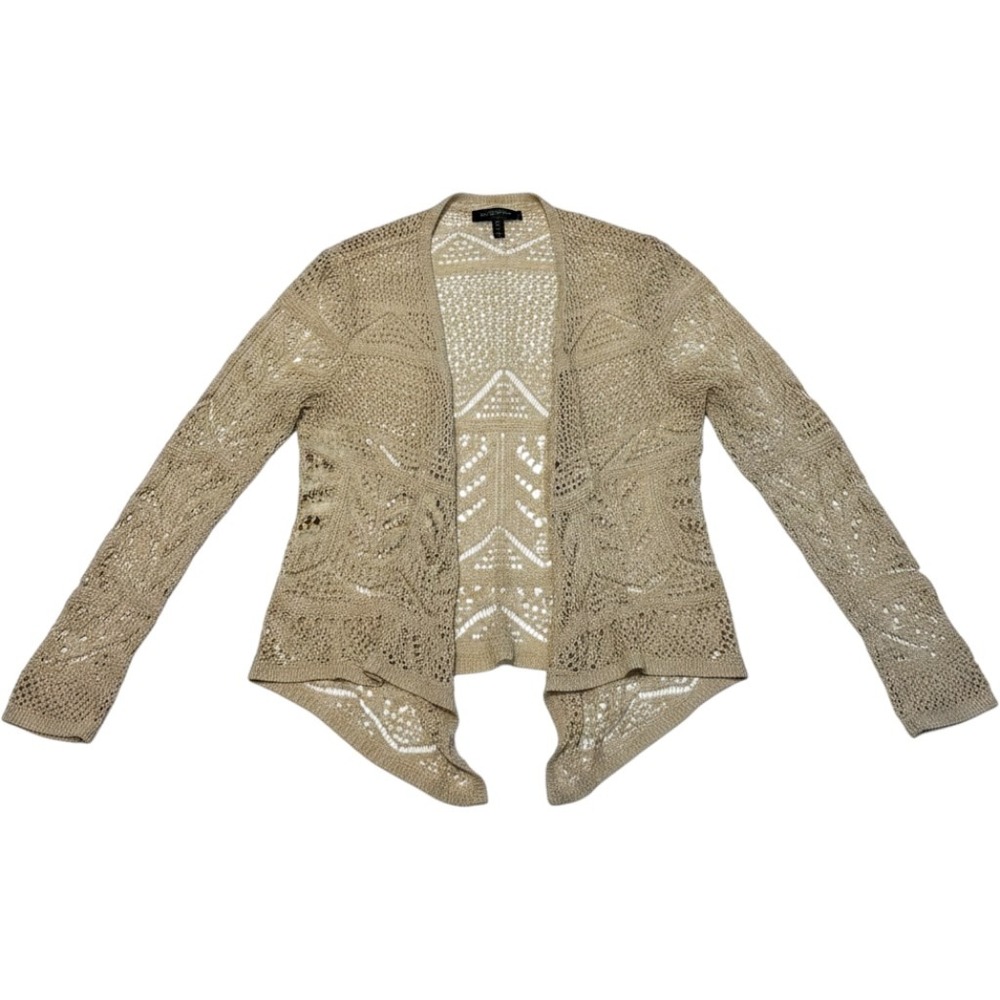 Fashion Avenue Gold Metallic Crochet Knit Open Front Cardigan Sweater Small